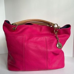 Tommy Hilfiger, large hot pink leather tote bag gold hardware and tan handles
